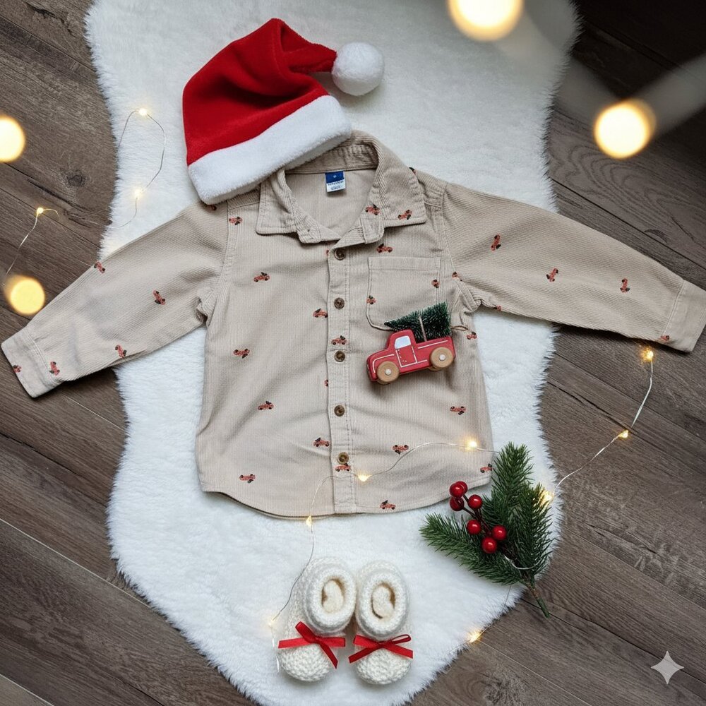 Kids Red Truck Christmas Corduroy Button Down Shirt Boy 3T